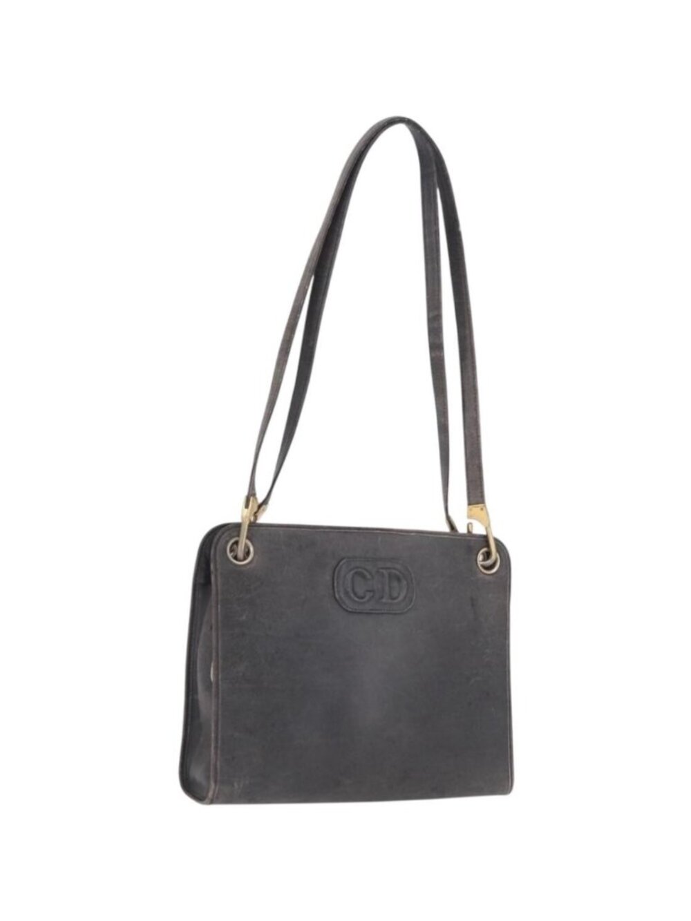 Christian Dior Shoulder Bag Leather Navy Gold Tone